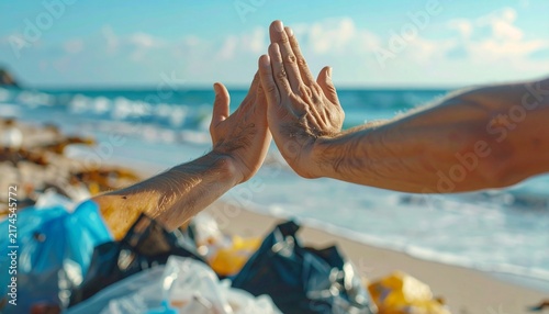 Hands high-fiving on a beach with collected trash, celebrating environmental cleanup