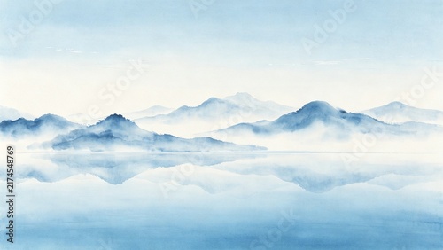 Blue Misty Mountain Range with Layered Peaks and Soft Watercolor Landscape Background