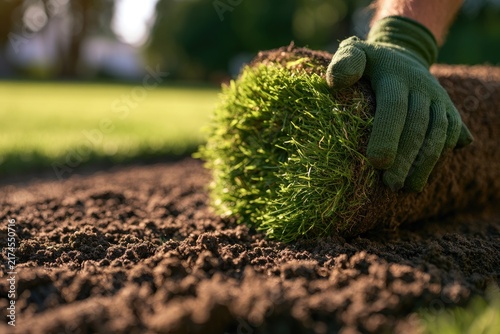 Green sod roll being placed on soil in a sunny garden