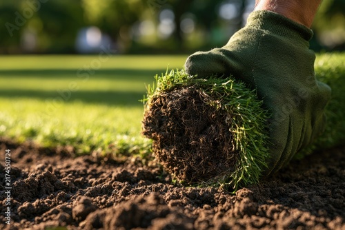 Hand in glove unrolls fresh sod onto prepared soil, lush green lawn