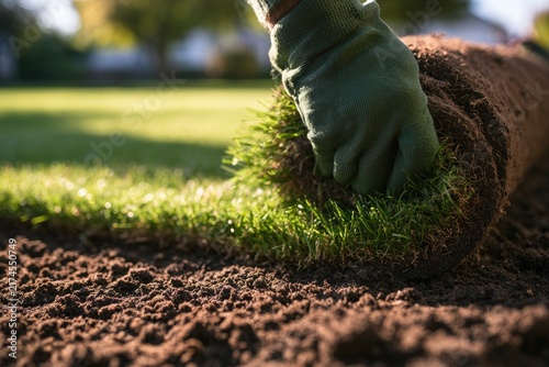 Hand unrolling fresh sod onto brown soil, green grass, sunlight