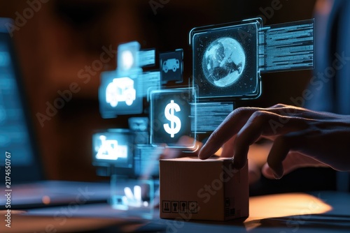 Digital logistics interface with delivery icons, currency, and globe
