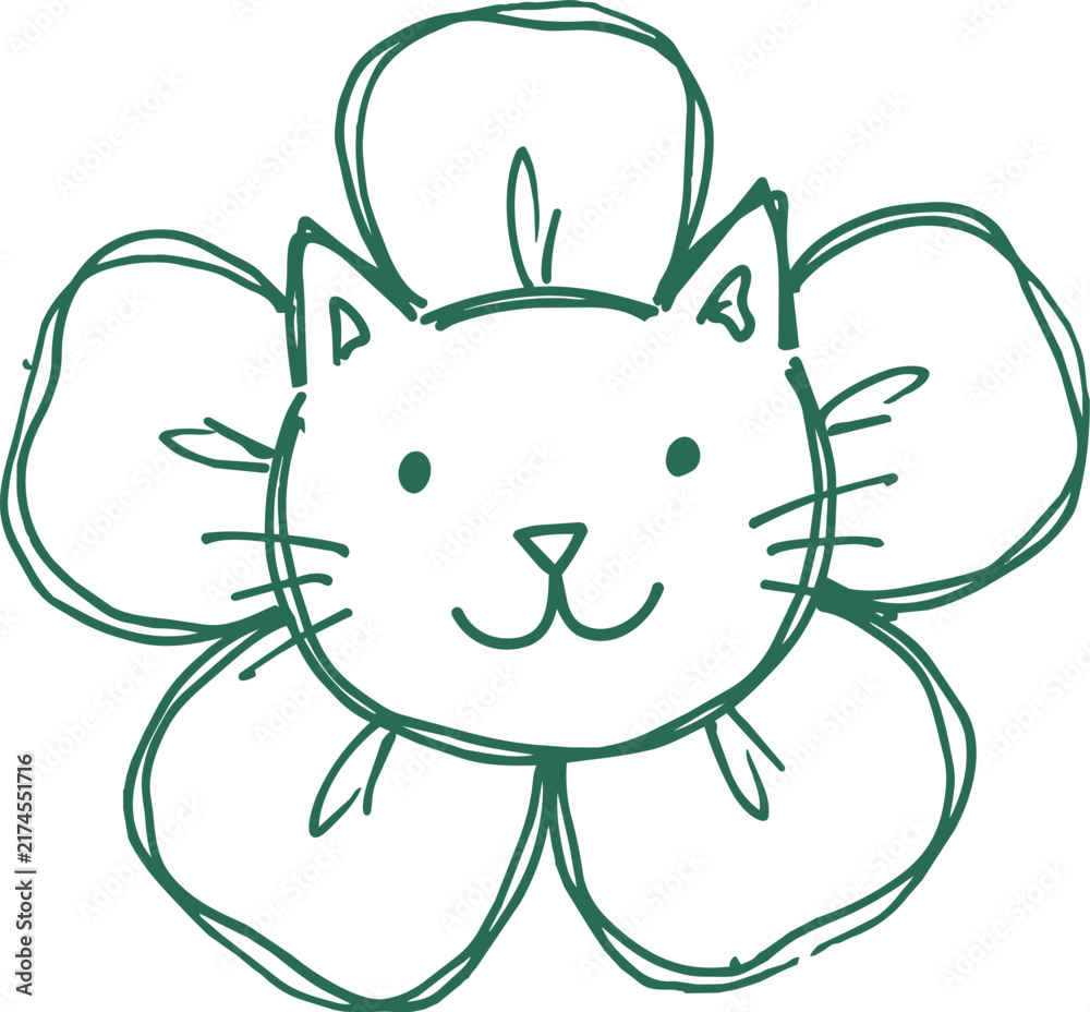 Fototapeta premium Naive hand drawn cat flower illustration in green line art