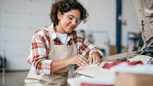 Woman Repairing Car Under Open Hood In Workshop