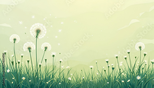 Beautiful Dandelion Flowers Blowing Seeds In Green Grass Field Nature Background Illustration