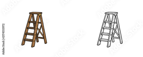Obraz na płótnie Wooden stepladder equipment cartoons in flat brown colors with black linear art