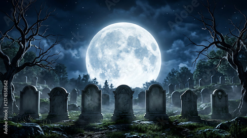 Spooky graveyard scene with old tombstones silhouetted under a glowing full moon and dark cloudy night sky scary night halloween background