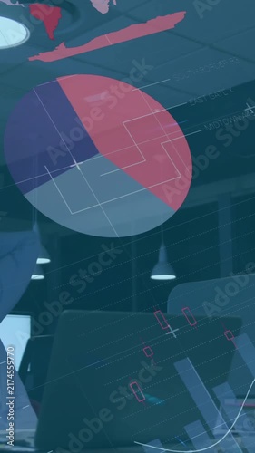 Animation of charts processing data over caucasian businessman working late at office
