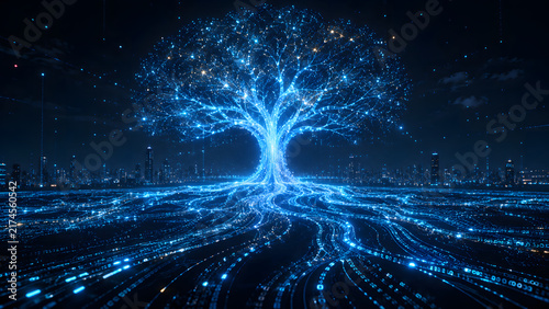 Glowing digital tree connected to data streams in a futuristic city