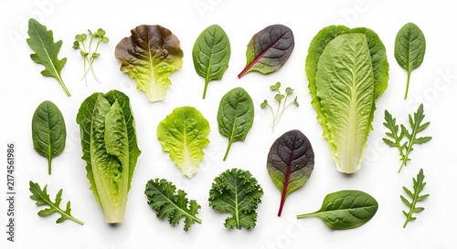 Assorted fresh green leafy vegetables on white background.