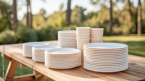 White Disposable Plates And Cups Arranged Outdoors
