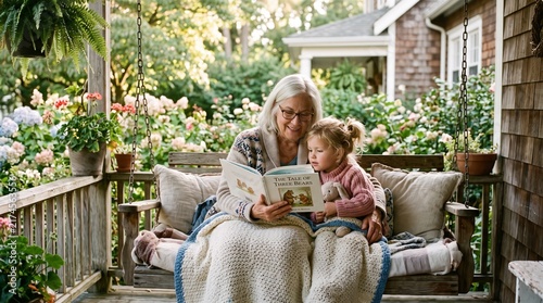 Grandmother reading a book to her little granddaughter on a cozy porch swing