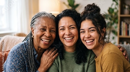 Three generations of women laughing together, grandmother