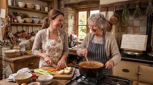 Senior woman cooking with her adult daughter in a rustic kitchen