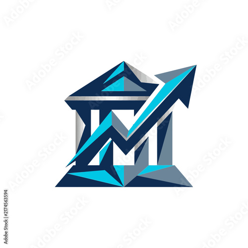 Abstract geometric building with rising arrow icon, financial growth concept