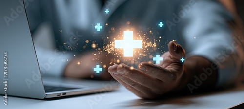 Digital Health Innovation Glowing Plus Symbol in Hand with Laptop.