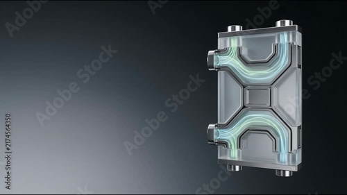 Complex fluid cooling module with transparent channels and glowing liquid flow against a dark
