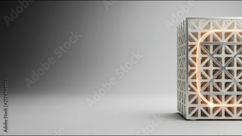 Intricate structural lattice cube with glowing circular light trail and metallic framing against