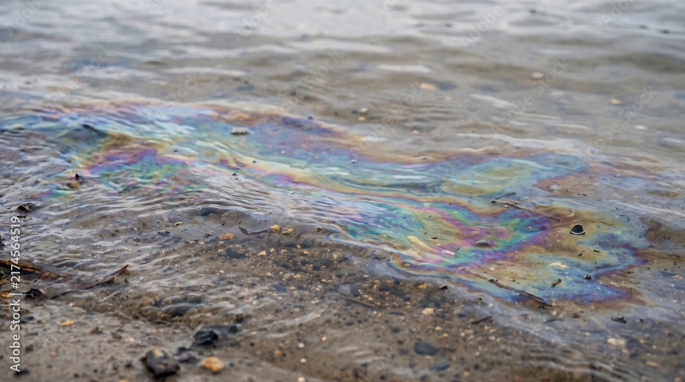 Naklejka premium Rainbow Oil Slick Floating on Shallow Water Surface Near Sandy Shore 