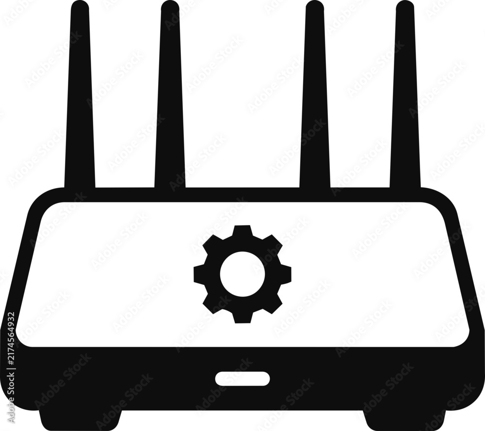 Obraz premium Wireless router with four antennas and a gear symbol, representing network configuration and smart home connectivity