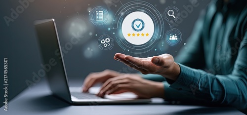 Customer Satisfaction and Quality Assurance Concept with Digital Stars Rating and Checkmark Icon.