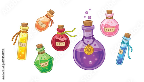 фотографія PrintCollection of magical witch potions and alchemy elixir bottles with runes v
