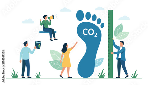 Foto Carbon footprint measurement vector illustration with people calculating carbon dioxide emission level and managing corporate environmental sustainability goals