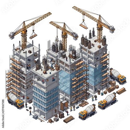 Construction Site with Cranes and Buildings Under Development.