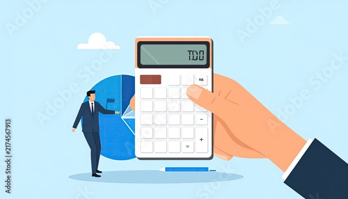 Tiny businessman and hand with calculator with Pie chart. New taxes. Excise tax and banking. Modern vector illustration in flat style