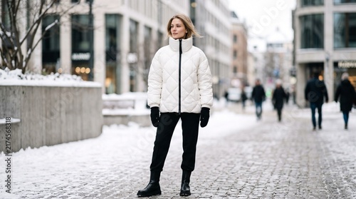 A stylish blonde woman walks through a snowy European city street while wearing a warm puffy jacket and winter boots during her afternoon stroll past historical buildings and passing pedestrians