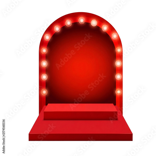 3D Red Podium Stage with Illuminated Arch Marquee Light Frame