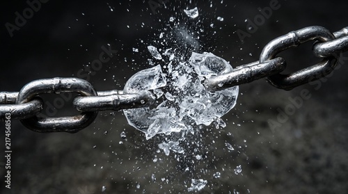 A heavy metal chain snaps explosively as a frozen link shatters into countless tiny sparkling shards of ice, capturing a dramatic moment of sudden failure and released tension