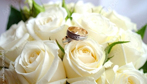 Wedding rings on the wedding bouquet of white roses.