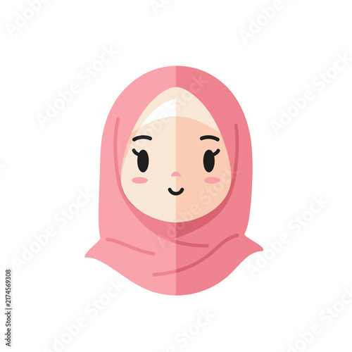 Cute Flat Vector Illustration of a Smiling Muslim Girl in Pink Hijab