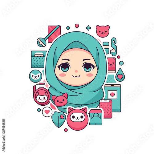 Kawaii Muslim Girl in Turquoise Hijab with Social Media and Cat Icons Illustration