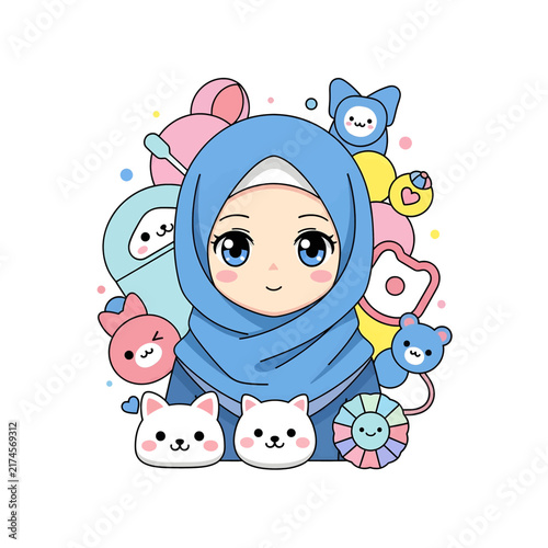 Kawaii Chibi Muslim Girl in Blue Hijab with Cute Cats and Pastel Toys Illustration