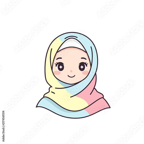 Cute Kawaii Hijab Girl Illustration - Adorable Muslim Child Avatar Vector