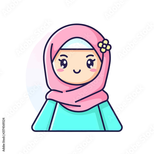 Cute Kawaii Muslim Girl in Pink Hijab Character Illustration