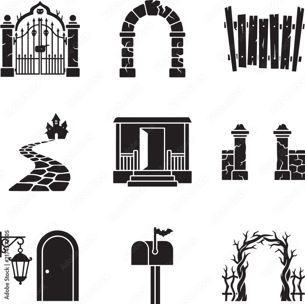 Obraz premium Halloween spooky entrance and architecture icons set with cemetery gates stone arches doors fence and mailbox