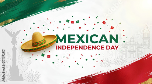Festive Mexican Independence Day graphic background with traditional sombrero and national colors
