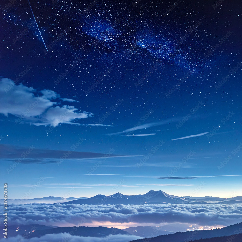 Fototapeta premium Starry night sky with milky way and shooting star over mountain clouds