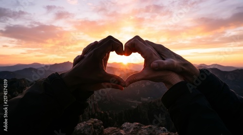 National love people day hands making heart shape framing mountain sunrise view with kindness compassion friendship community