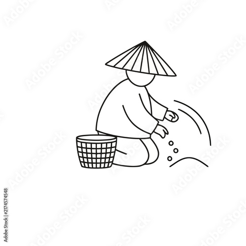 Person in conical hat sowing seeds