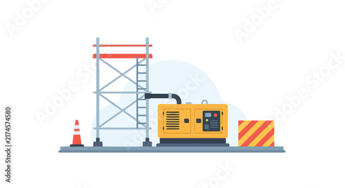 A vector illustration of a construction site featuring scaffolding, a yellow generator, a traffic cone, and a barrier.