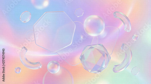 Pastel Holographic Geometric Shapes and Bubbles Abstract Background