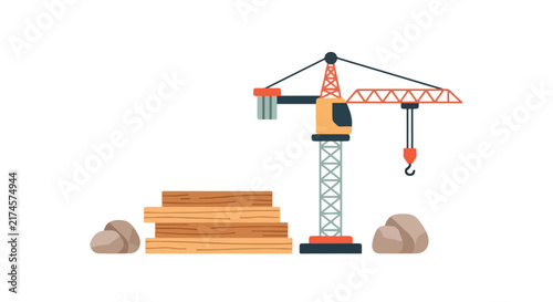 A vector illustration of a construction site with a tower crane, stack of wooden planks, and rocks on a white background.