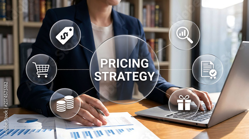 Professional woman analyzing pricing strategy with digital icons on laptop