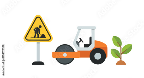An illustration of a yellow road work sign, an orange road roller heavy machinery, and a small growing green plant.