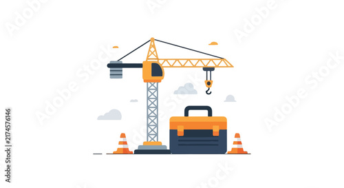 An illustration of a construction crane standing next to a large toolbox flanked by orange safety cones.