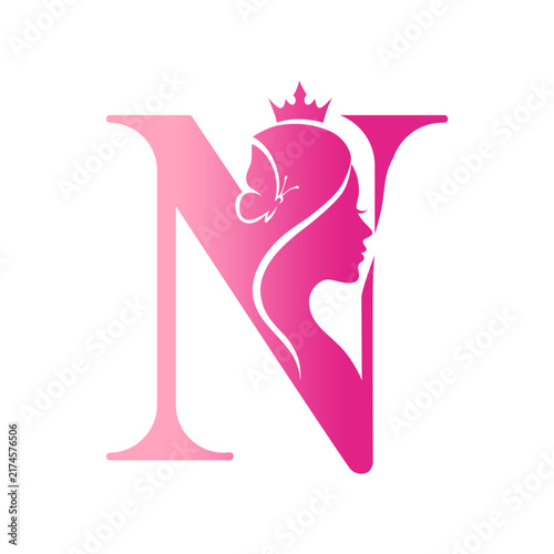Letter N Logo with Woman Profile and Crown
